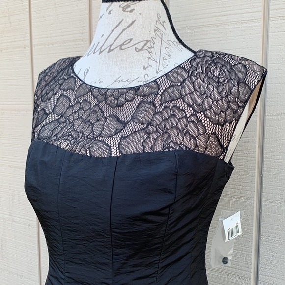 London Times Fit and Flare Dress Black/Nude Satin and Lace Dress - Picture 3 of 12